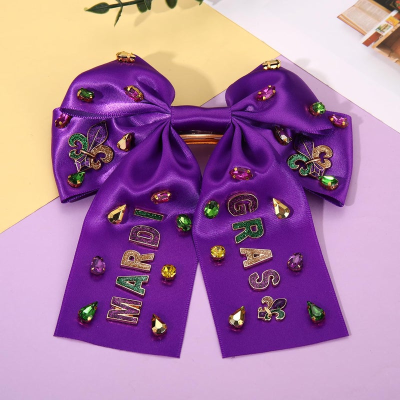 NVENF Mardi Gras Hair Bow Clips for Women Mask Fleur De Lis Hair Bows Jeweled Large Purple Hair Ribbon Bows Carnival Mardi Gras Accessories Outfits Parade Party Favors (Pattern A) - Image 3